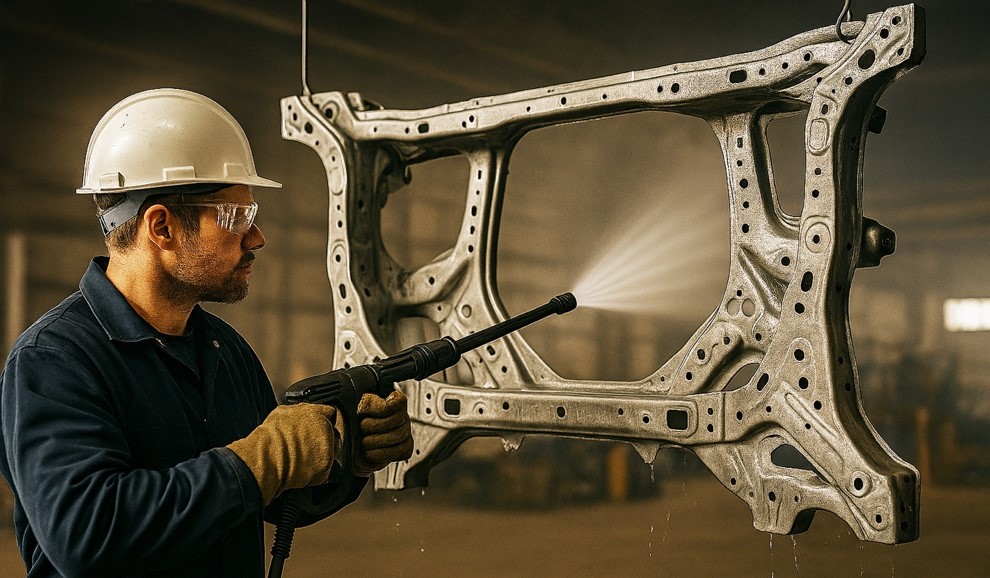 Worker blasting a part before coating.